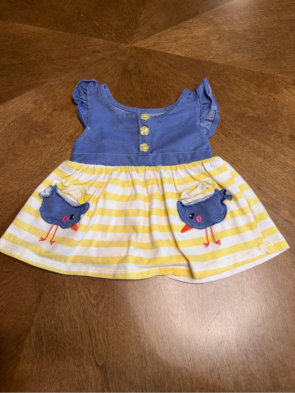 Nannette Blue Top Yellow-White Striped Dress with Bird Pockets
